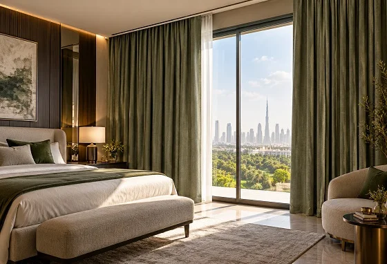 Heavy olive green drapes beside a bedroom window