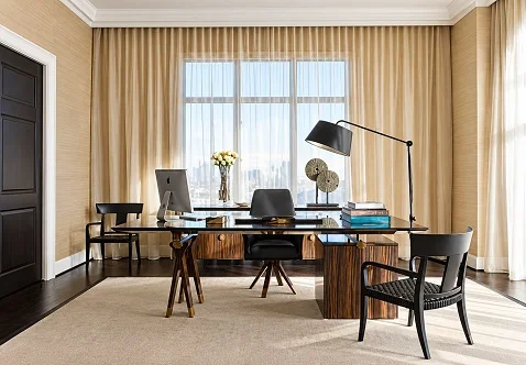 Home office with elegant champagne curtains, desk, Abu Dhabi