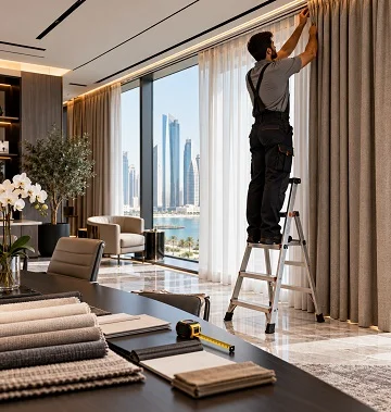 Installer hanging taupe curtains, fabric samples, waterfront view
