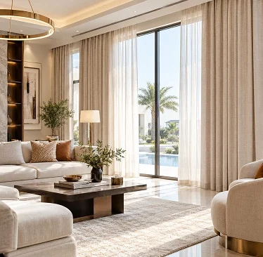 Layered beige linen curtains and sheer curtains in a living room with palm view