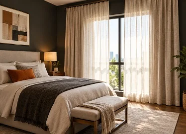 Linen curtains layered with sheers in a dark bedroom with city view