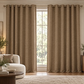 Luxury room with taupe eyelet curtains