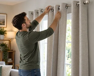 Man hanging beige eyelet curtains on a metal rod