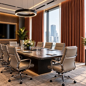 Meeting room with terracotta drapes, floral centerpiece, city views