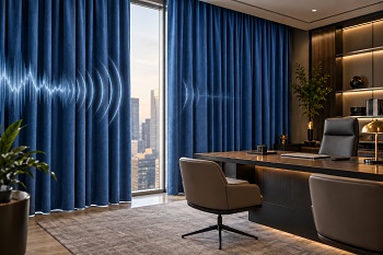 Office with blue soundproof curtains, city view