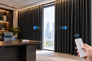 Office with motorized blackout curtains, remote control