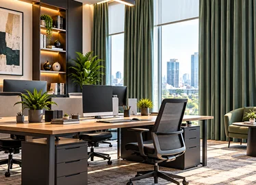 Open workspace with olive green curtains,Abu Dhabi