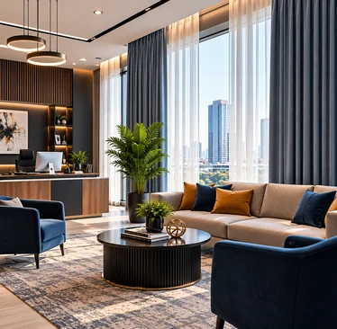 Reception lounge with charcoal curtains, white sheers, navy sofa