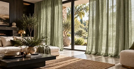 Sage green linen curtains framing a sunlit, neutral living room