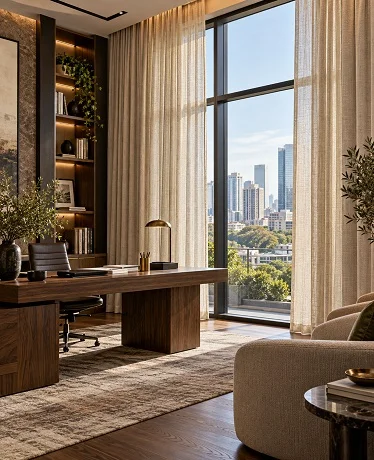 Sheer cream linen curtains in a modern home office with city view