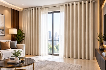 Soundproof eyelet curtains in living room with city view in window, Abu Dhabi