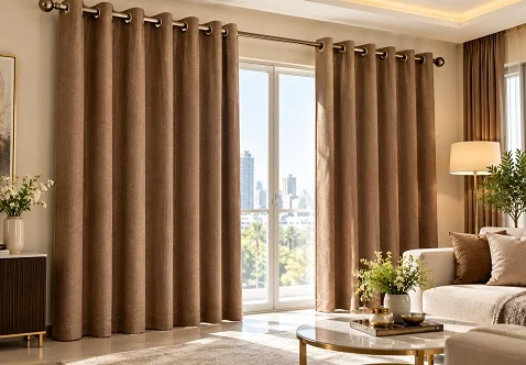 Tan textured eyelet curtains framing a tall balcony door