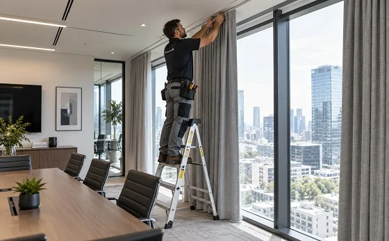 Technician installing gray curtains in conference room