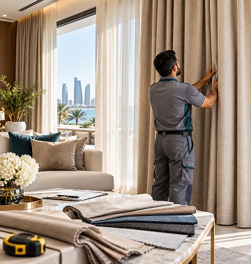 Technician installing linen curtains in a living room with waterfront view
