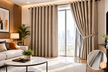 Thermal lined eyelet curtains in living room , Abu Dhabi