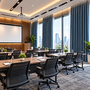 Training room with blue curtains, projector screen