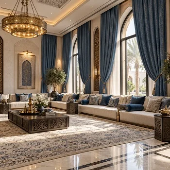 blue color linen curtains in majlis room